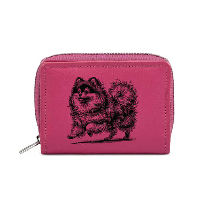 Pomeranian Running Engraved Small Leather Purse (Green/Pink/Blue/Red)