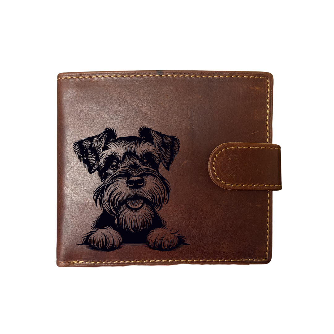 Personalised Miniature Schnauzer Paws Engraved Dark Tan Genuine Leather Wallet