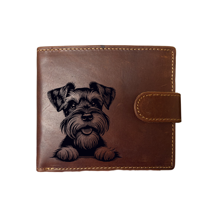 Personalised Miniature Schnauzer Paws Engraved Dark Tan Genuine Leather Wallet