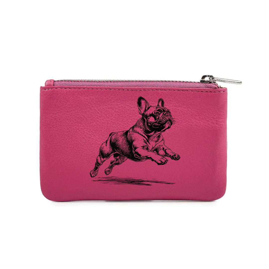 French Bulldog Running Engraved Genuine Leather Coin Purse (Multiple Colour Options)