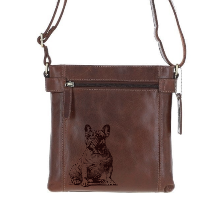 French Bulldog Sitting Engraved Leather Two Section Zip Top Crossbody Bag