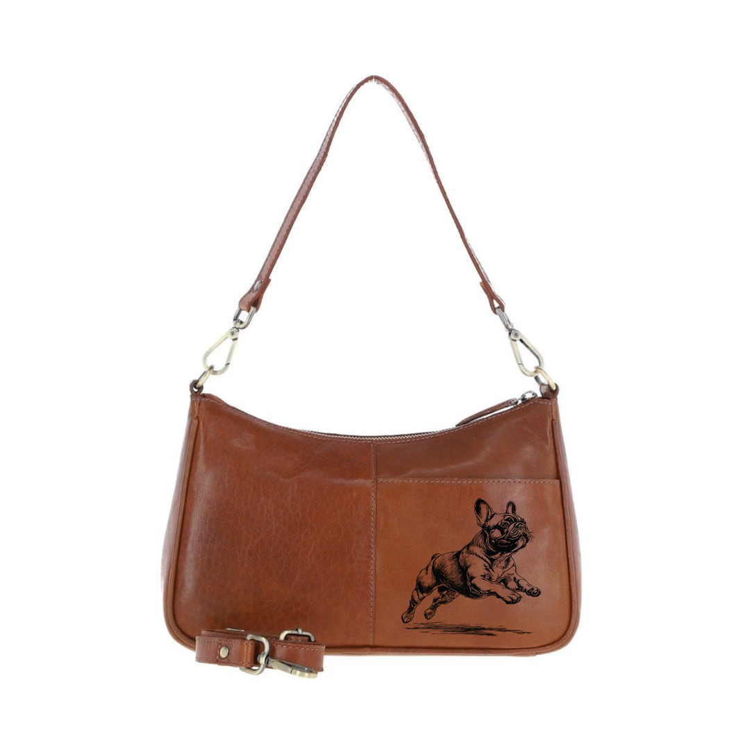 French Bulldog Running Engraved Genuine Leather Shoulder Bag