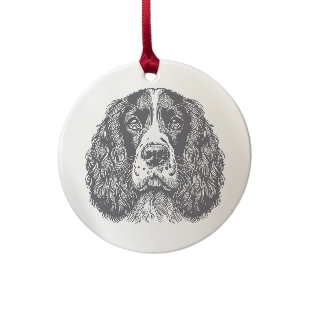 Personalised English Springer Spaniel Face Engraved White Acrylic Decoration