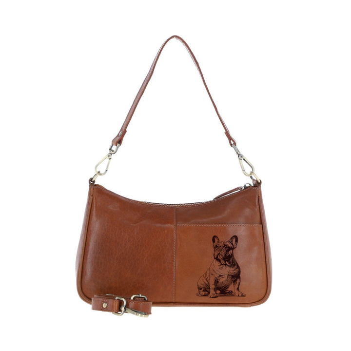 French Bulldog Sitting Engraved Genuine Leather Shoulder Bag