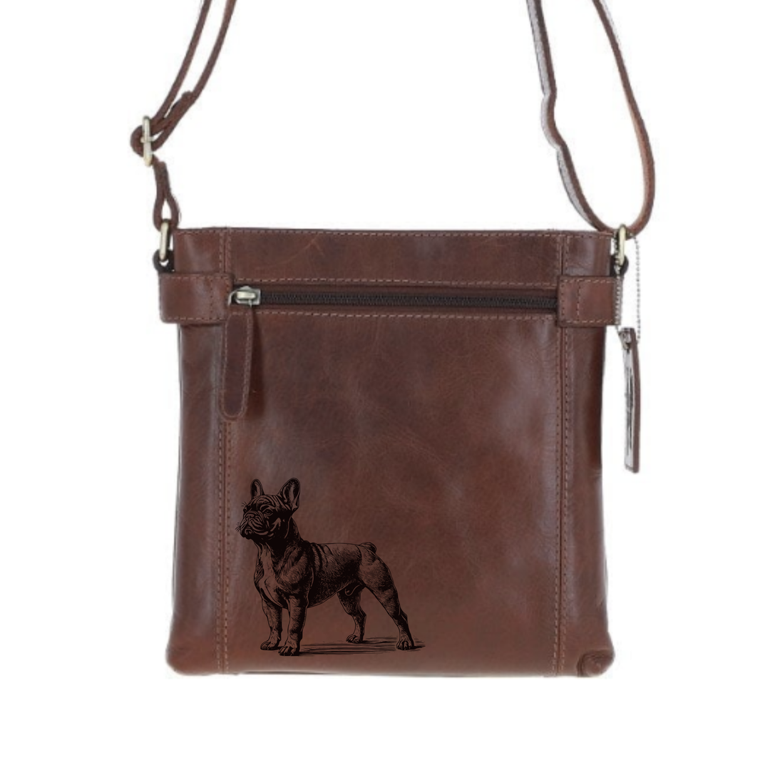 French Bulldog Standing Engraved Leather Two Section Zip Top Crossbody Bag