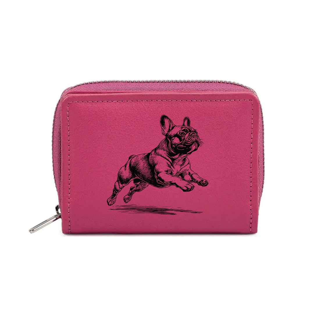 French Bulldog Running Engraved Small Leather Purse (Green/Pink/Blue/Red)