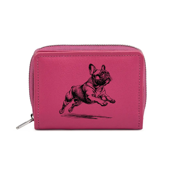 French Bulldog Running Engraved Small Leather Purse (Green/Pink/Blue/Red)