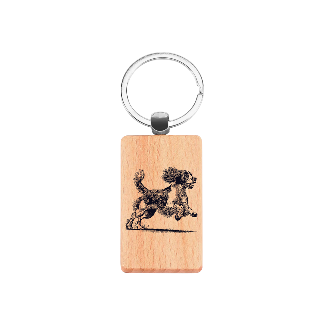 English Springer Spaniel Running Engraved Rectangle Wooden Keyring