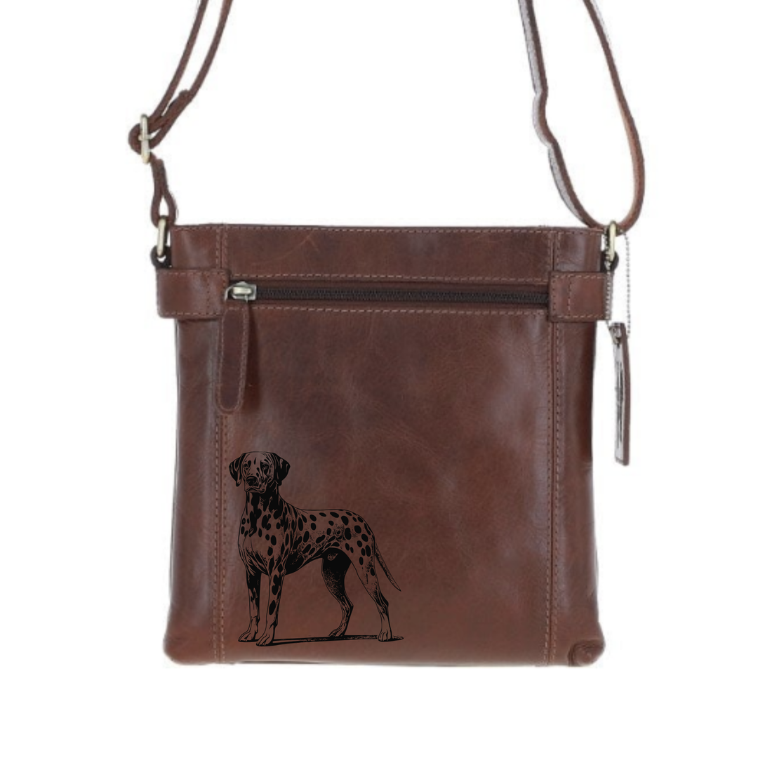 Dalmatian Standing Engraved Leather Two Section Zip Top Crossbody Bag