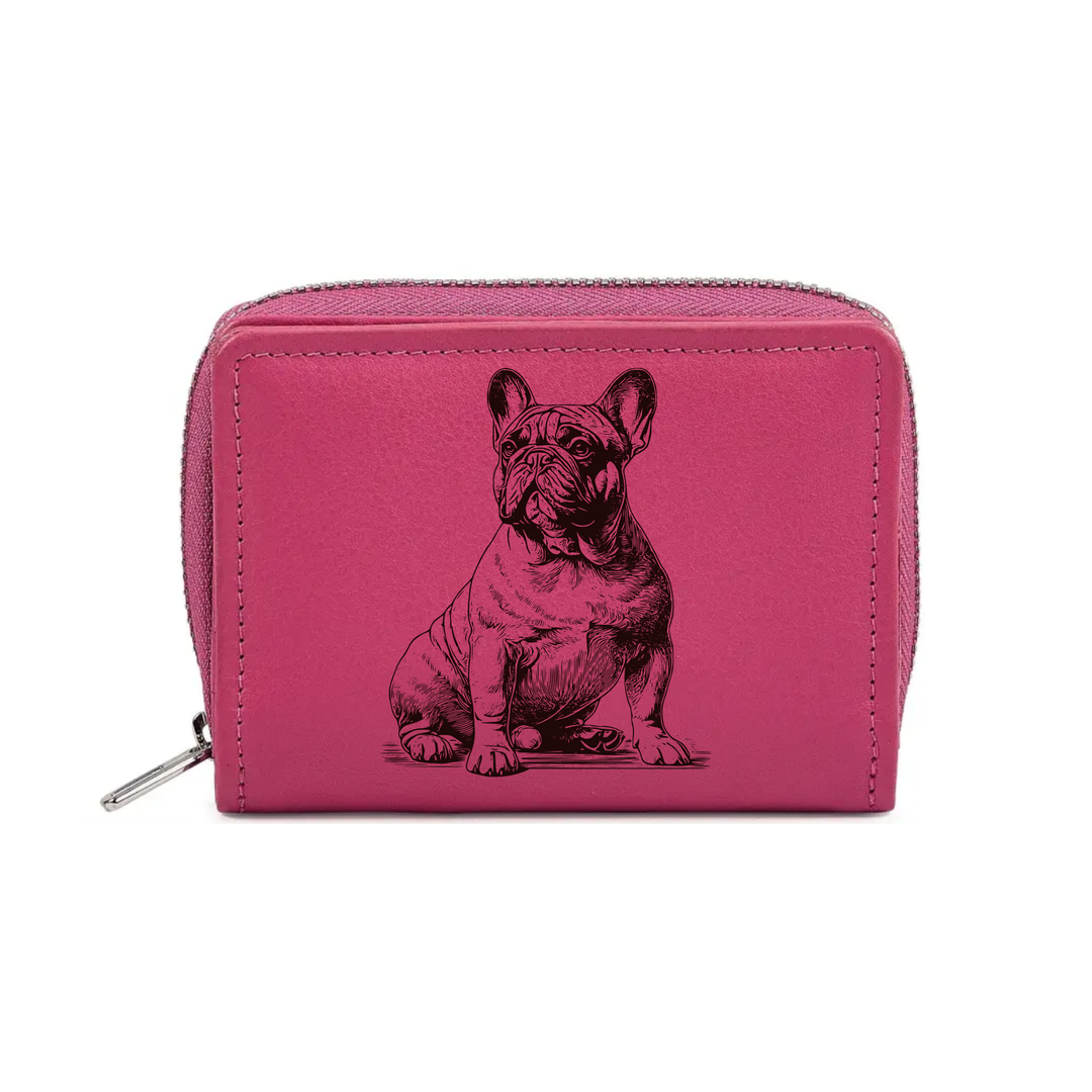 French Bulldog Sitting Engraved Small Leather Purse (Green/Pink/Blue/Red)