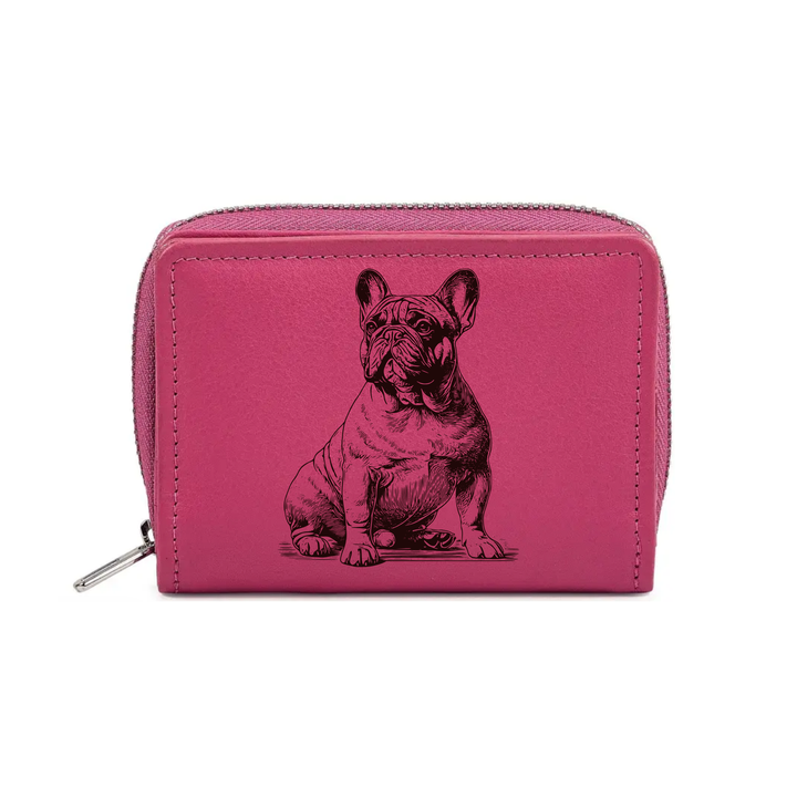 French Bulldog Sitting Engraved Small Leather Purse (Green/Pink/Blue/Red)