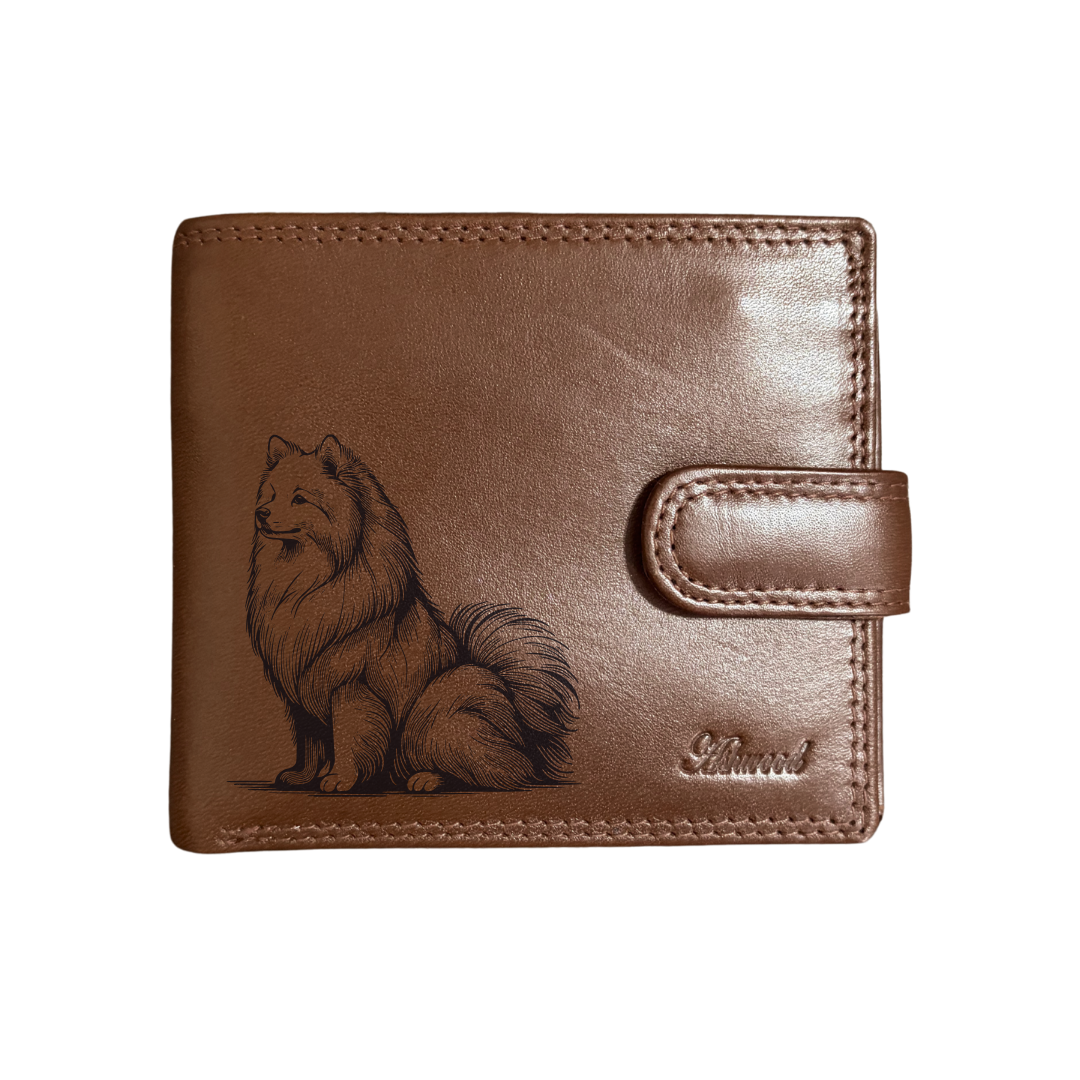 Personalised Japanese Spitz Sitting Engraved Dark Tan Genuine Leather Wallet