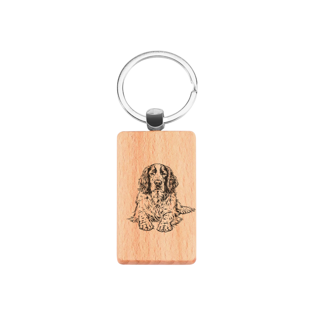 English Springer Spaniel Lying Down Engraved Rectangle Wooden Keyring
