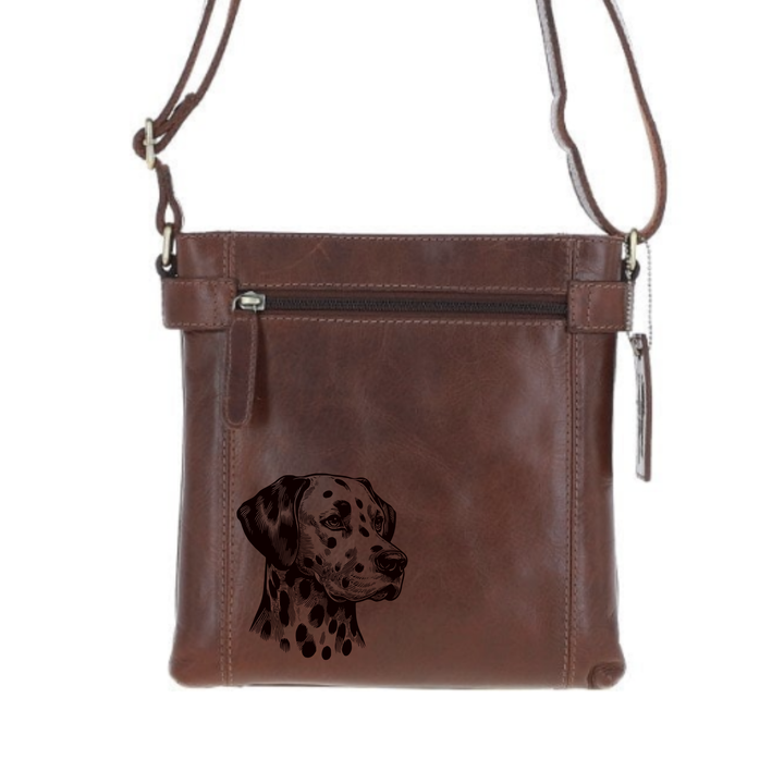 Dalmatian Face Engraved Leather Two Section Zip Top Crossbody Bag