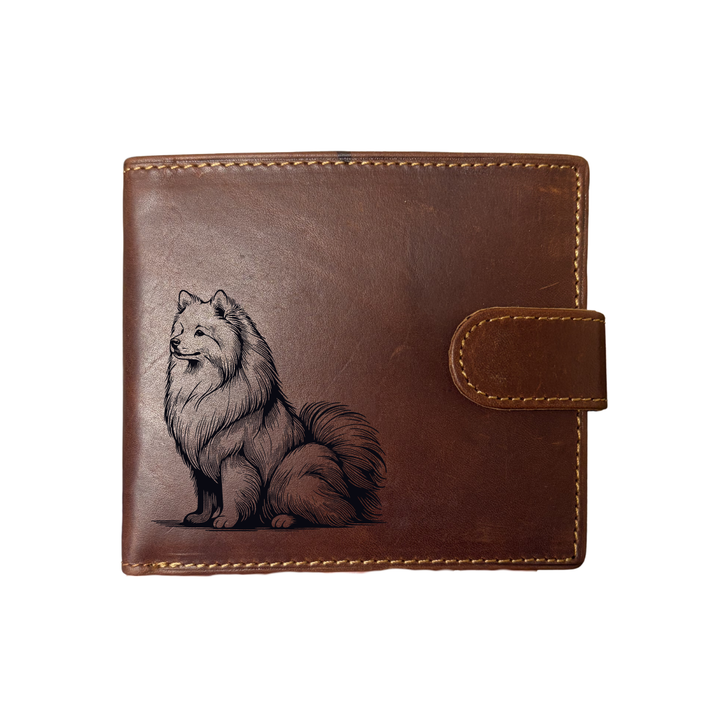 Personalised Japanese Spitz Sitting Engraved Dark Tan Genuine Leather Wallet