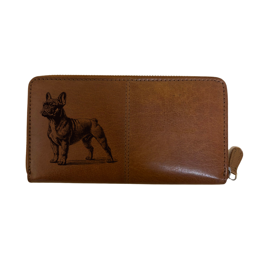 French Bulldog Standing Engraved Large Leather Purse