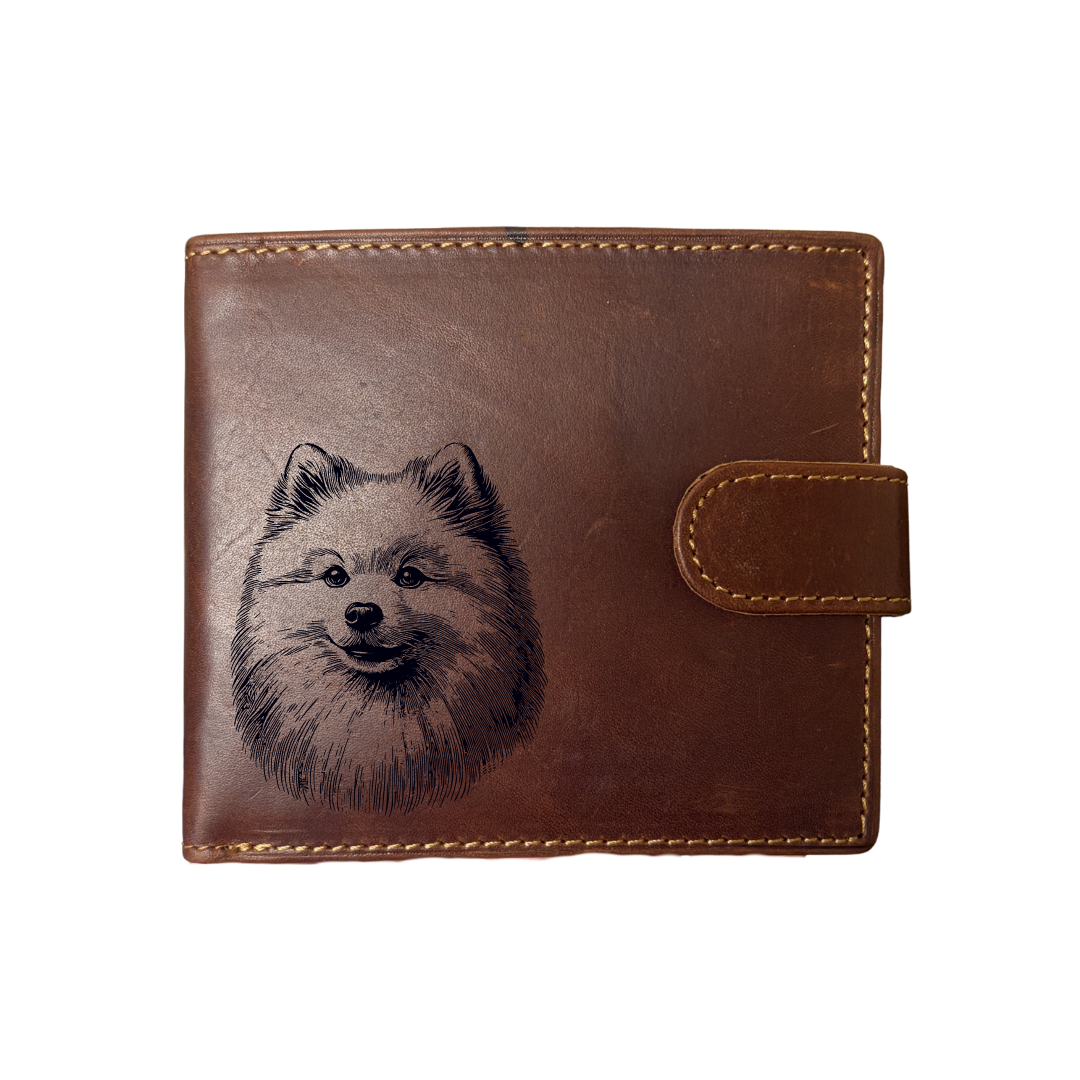 Personalised Japanese Spitz Face Engraved Dark Tan Genuine Leather Wallet