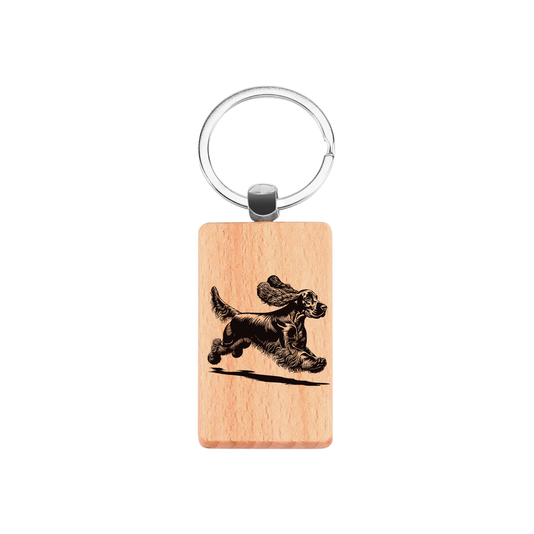 Cocker Spaniel Running Engraved Rectangle Wooden Keyring