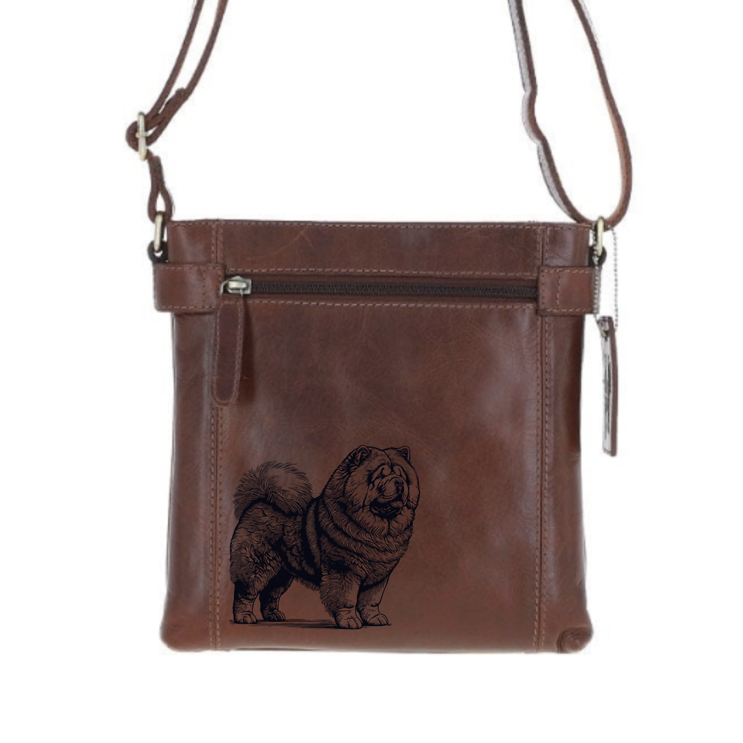 Chow Chow Standing Engraved Leather Two Section Zip Top Crossbody Bag
