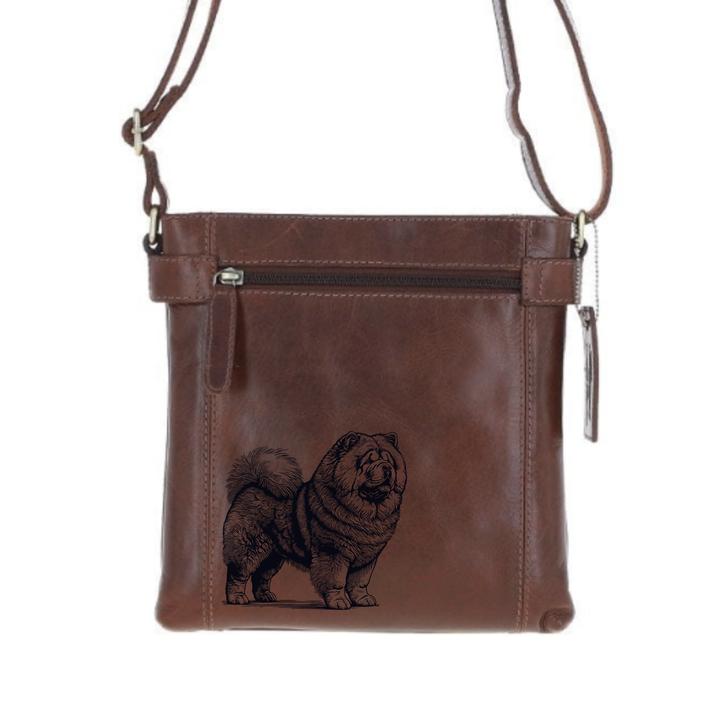 Chow Chow Standing Engraved Leather Two Section Zip Top Crossbody Bag