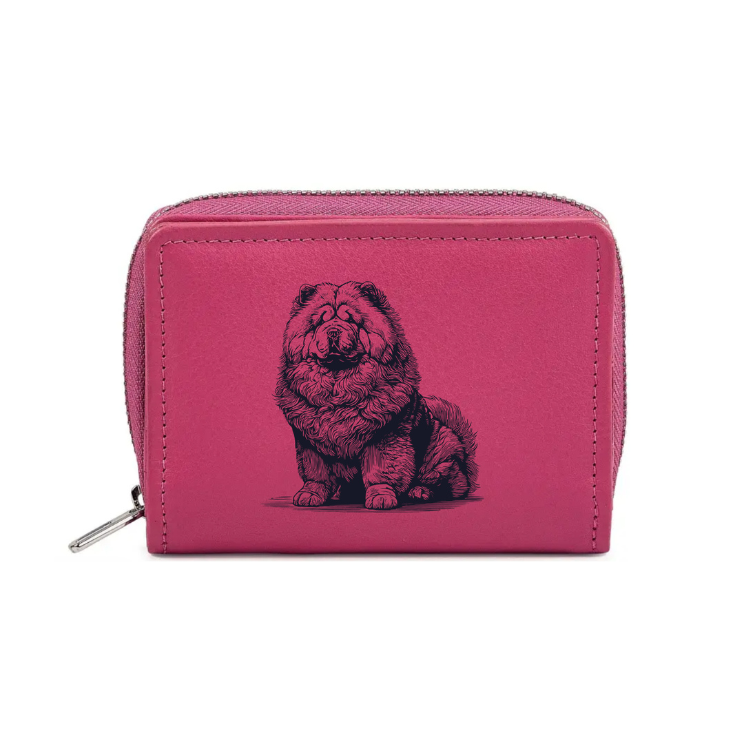 Chow Chow Sitting Engraved Small Leather Purse (Green/Pink/Blue/Red)