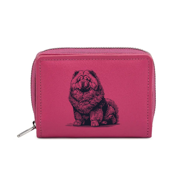 Chow Chow Sitting Engraved Small Leather Purse (Green/Pink/Blue/Red)
