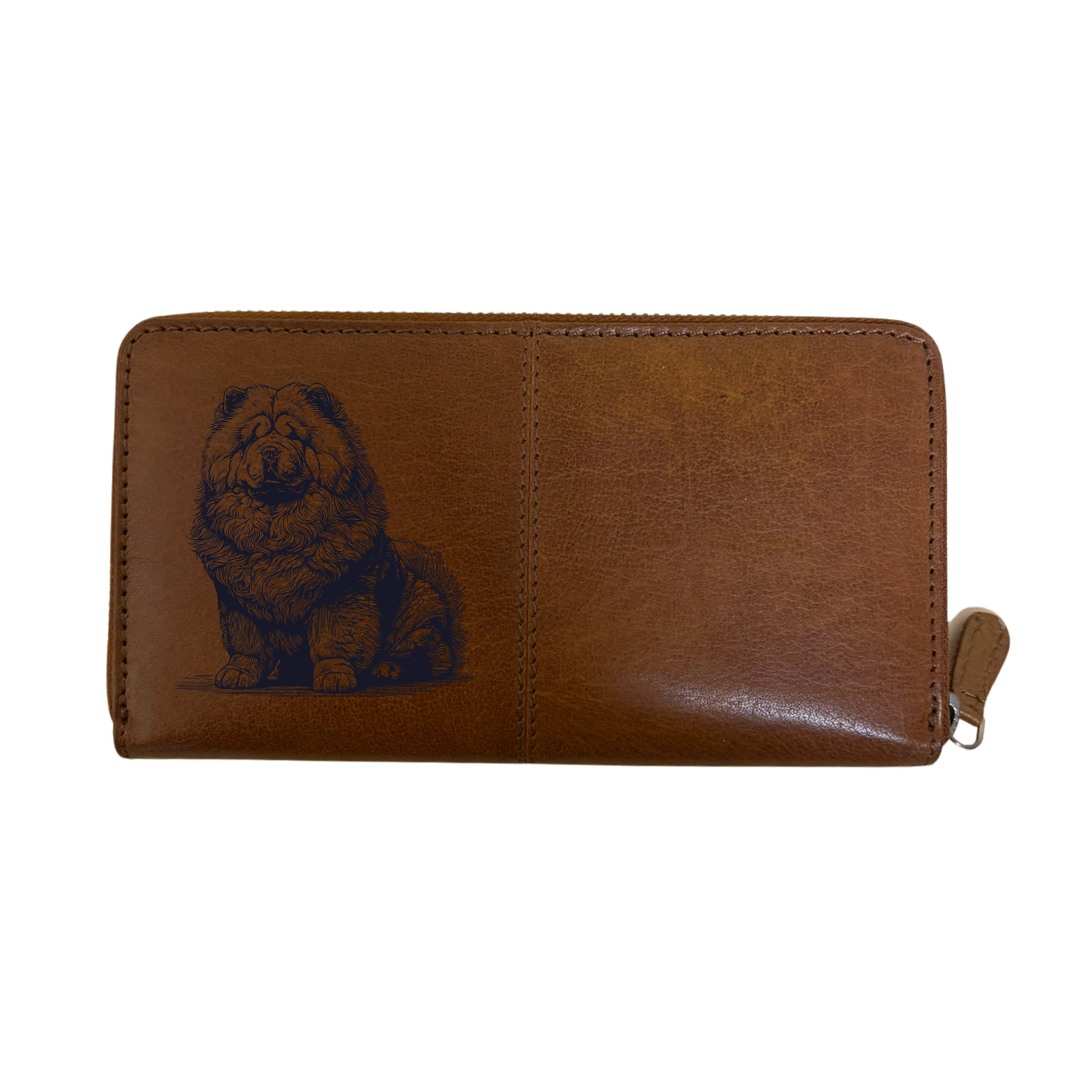 Chow Chow Sitting Engraved Large Leather Purse