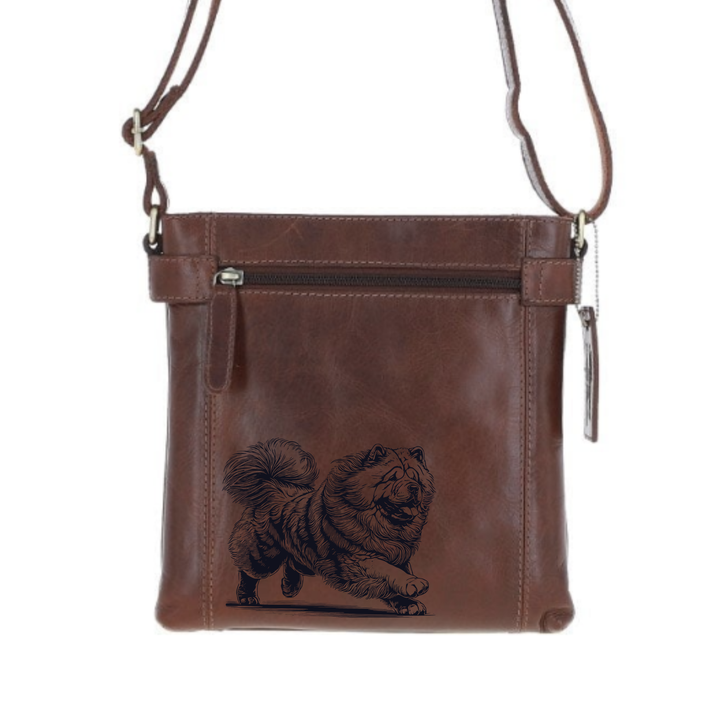 Chow Chow Running Engraved Leather Two Section Zip Top Crossbody Bag