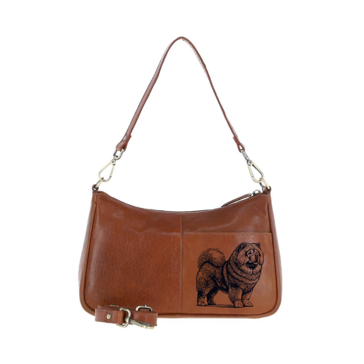 Chow Chow Standing Engraved Genuine Leather Shoulder Bag
