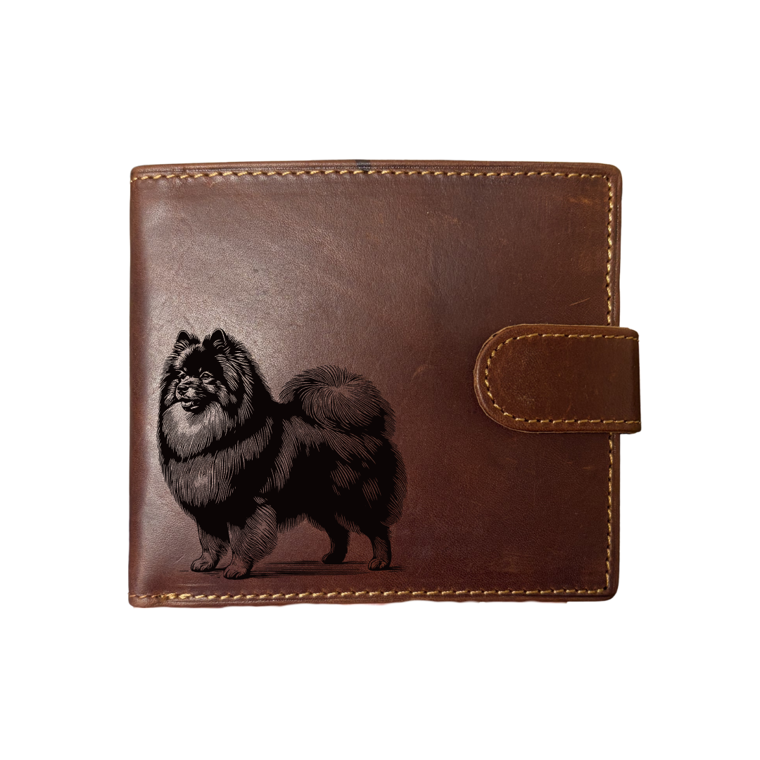 Personalised German Spitz Standing Engraved Dark Tan Genuine Leather Wallet
