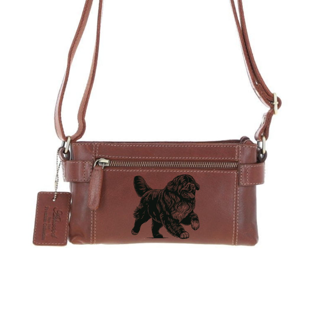 Personalised Newfoundland Running Engraved Small Leather Two Section Zip Top Crossbody Bag