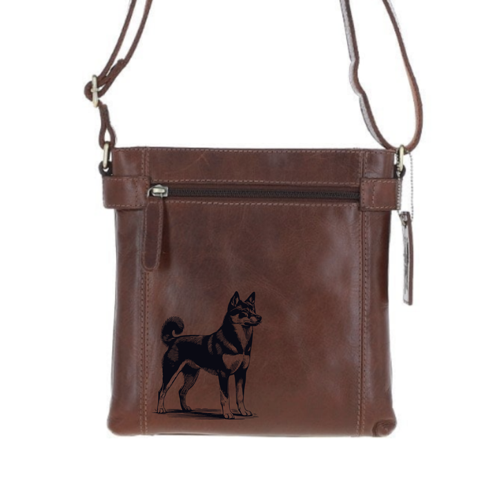 Canaan Dog Engraved Leather Two Section Zip Top Crossbody Bag