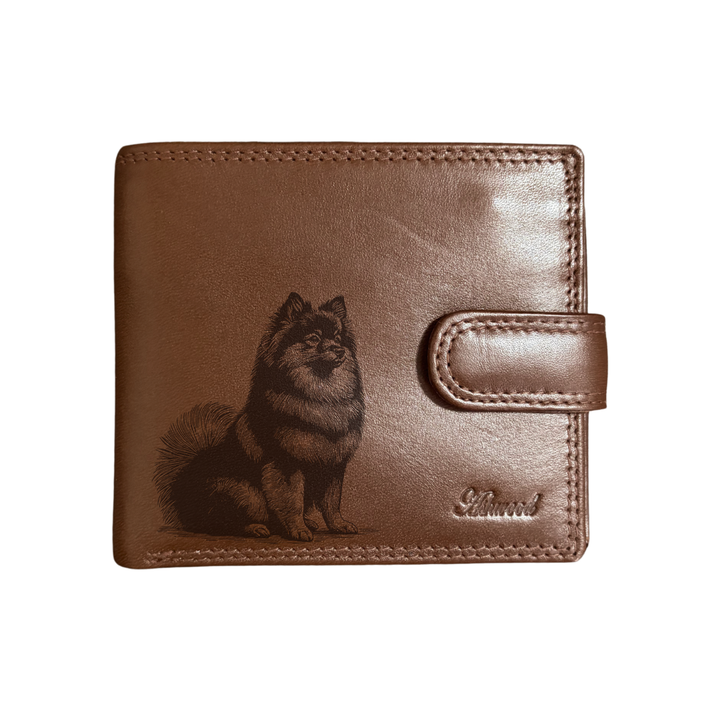 Personalised German Spitz Sitting Engraved Dark Tan Genuine Leather Wallet