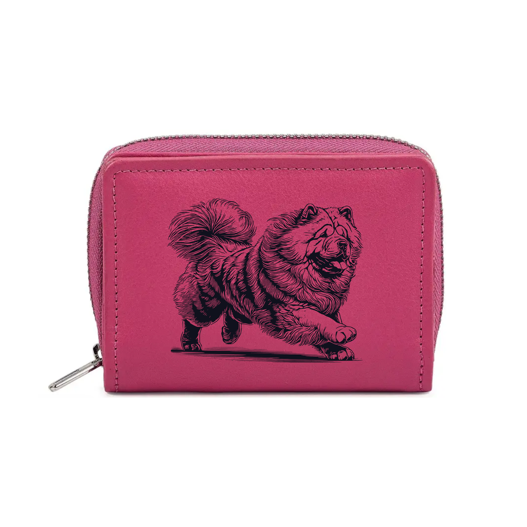 Chow Chow Running Engraved Small Leather Purse (Green/Pink/Blue/Red)