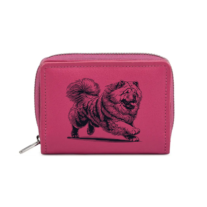 Chow Chow Running Engraved Small Leather Purse (Green/Pink/Blue/Red)