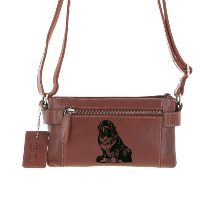 Personalised Newfoundland Sitting Engraved Small Leather Two Section Zip Top Crossbody Bag