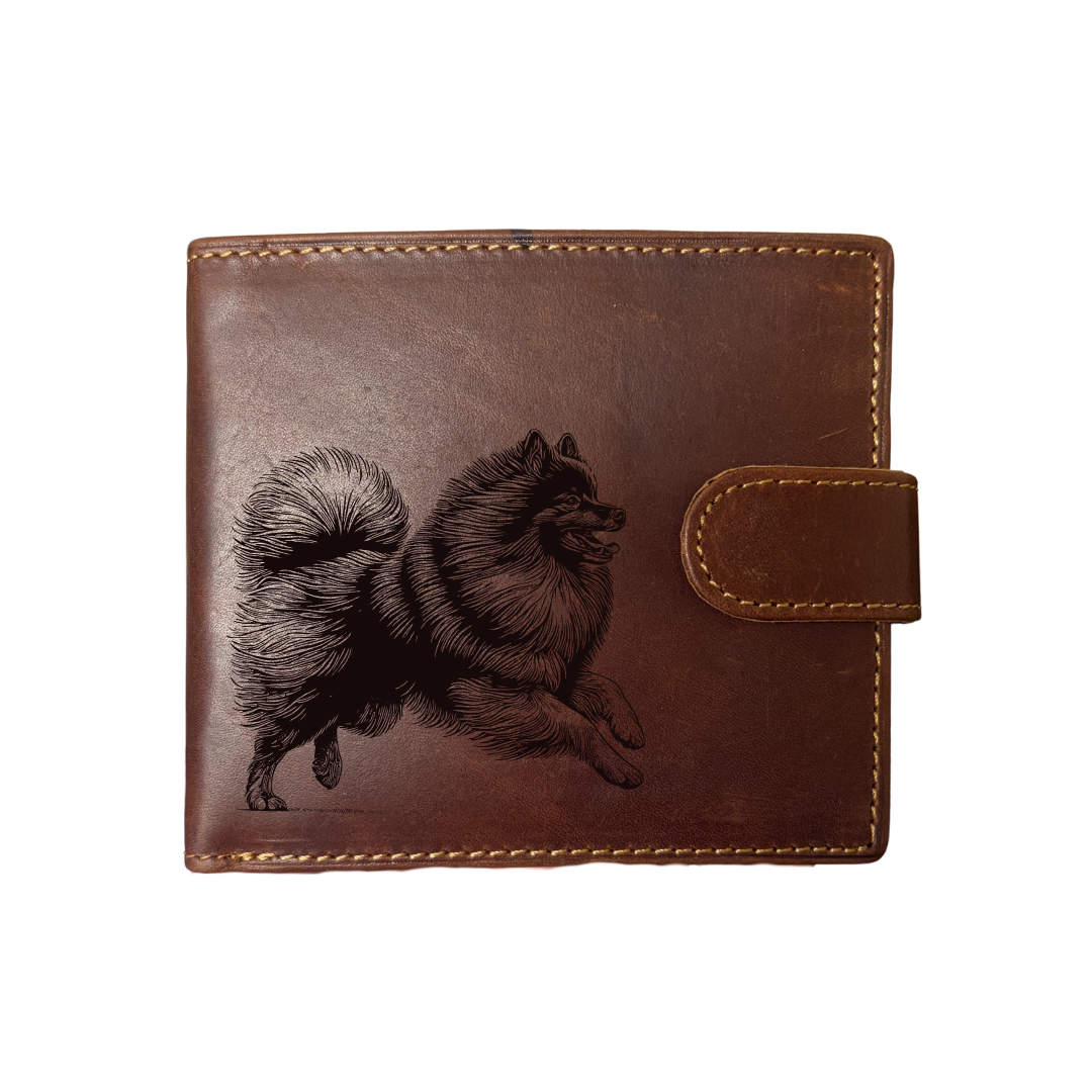 Personalised German Spitz Running Engraved Dark Tan Genuine Leather Wallet