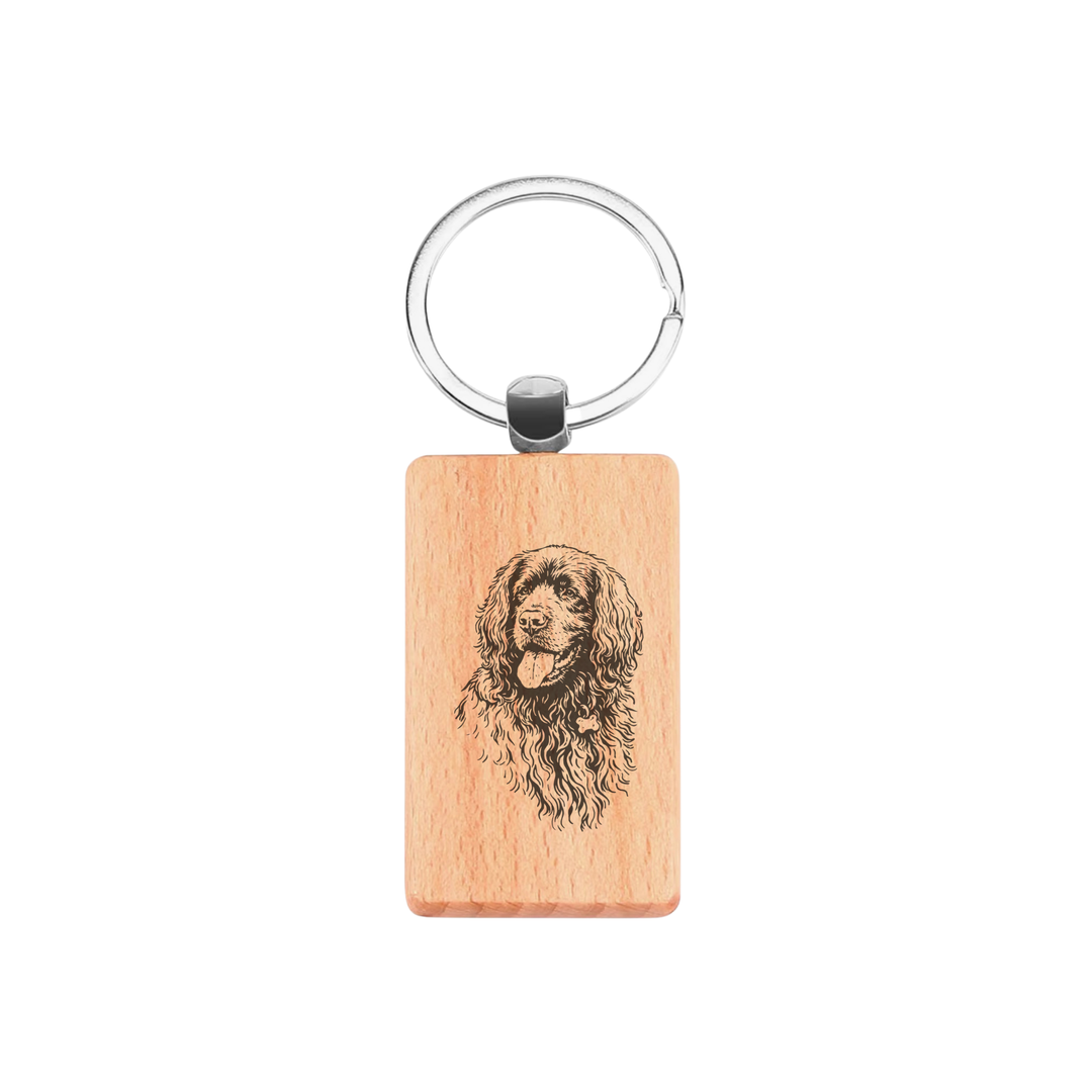 Sussex Spaniel Face Engraved Rectangle Wooden Keyring