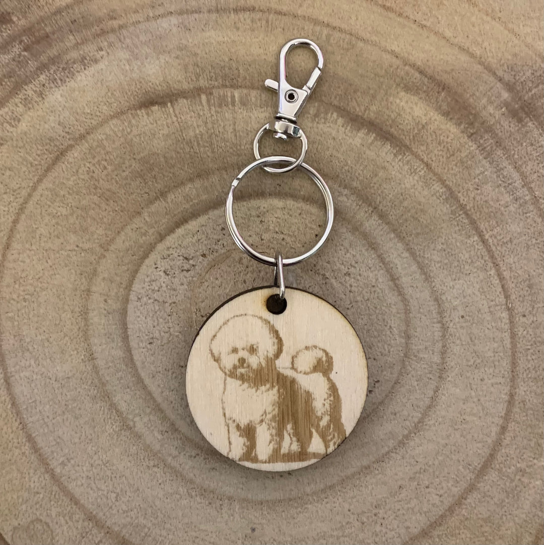 Bichon Frise Standing Dog Engraved Wooden Keyring