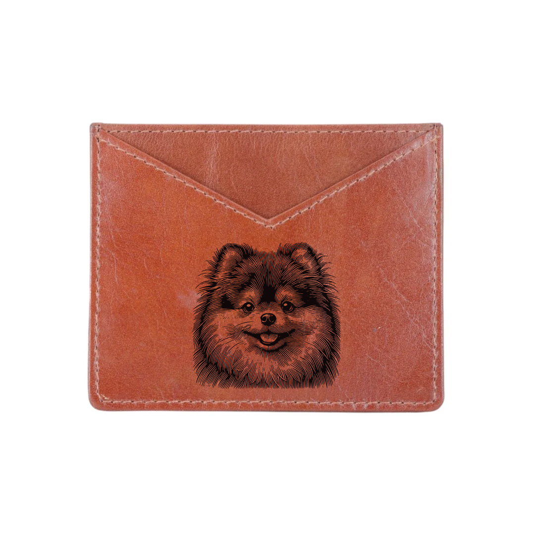 Pomeranian Face Engraved Genuine Leather Cardholder
