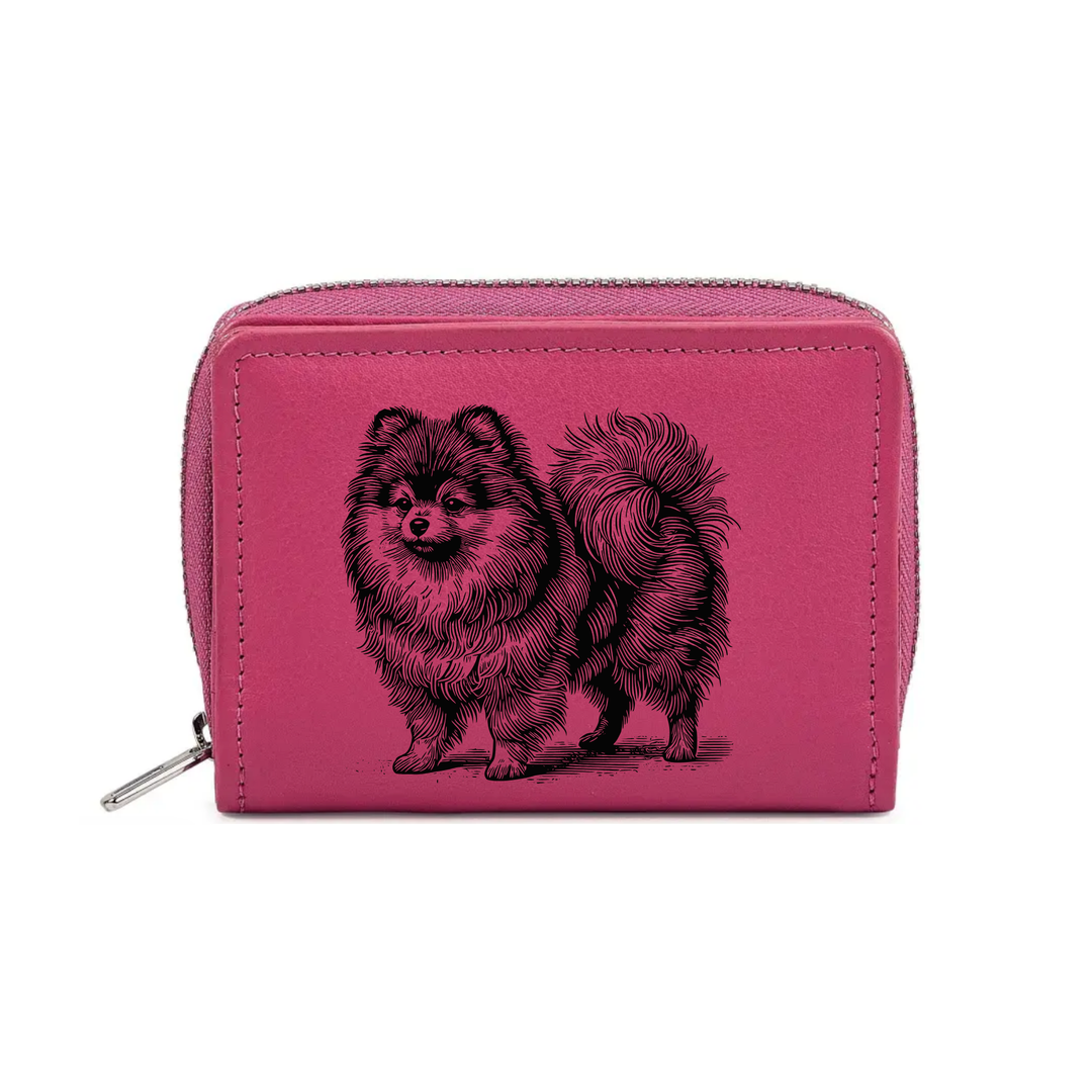 Pomeranian Standing Engraved Small Leather Purse (Green/Pink/Blue/Red)