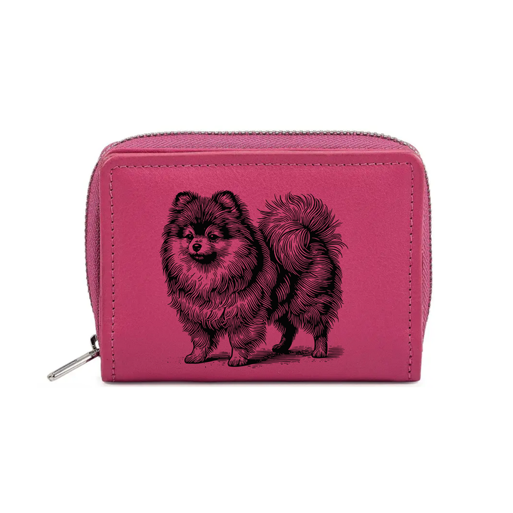 Pomeranian Standing Engraved Small Leather Purse (Green/Pink/Blue/Red)
