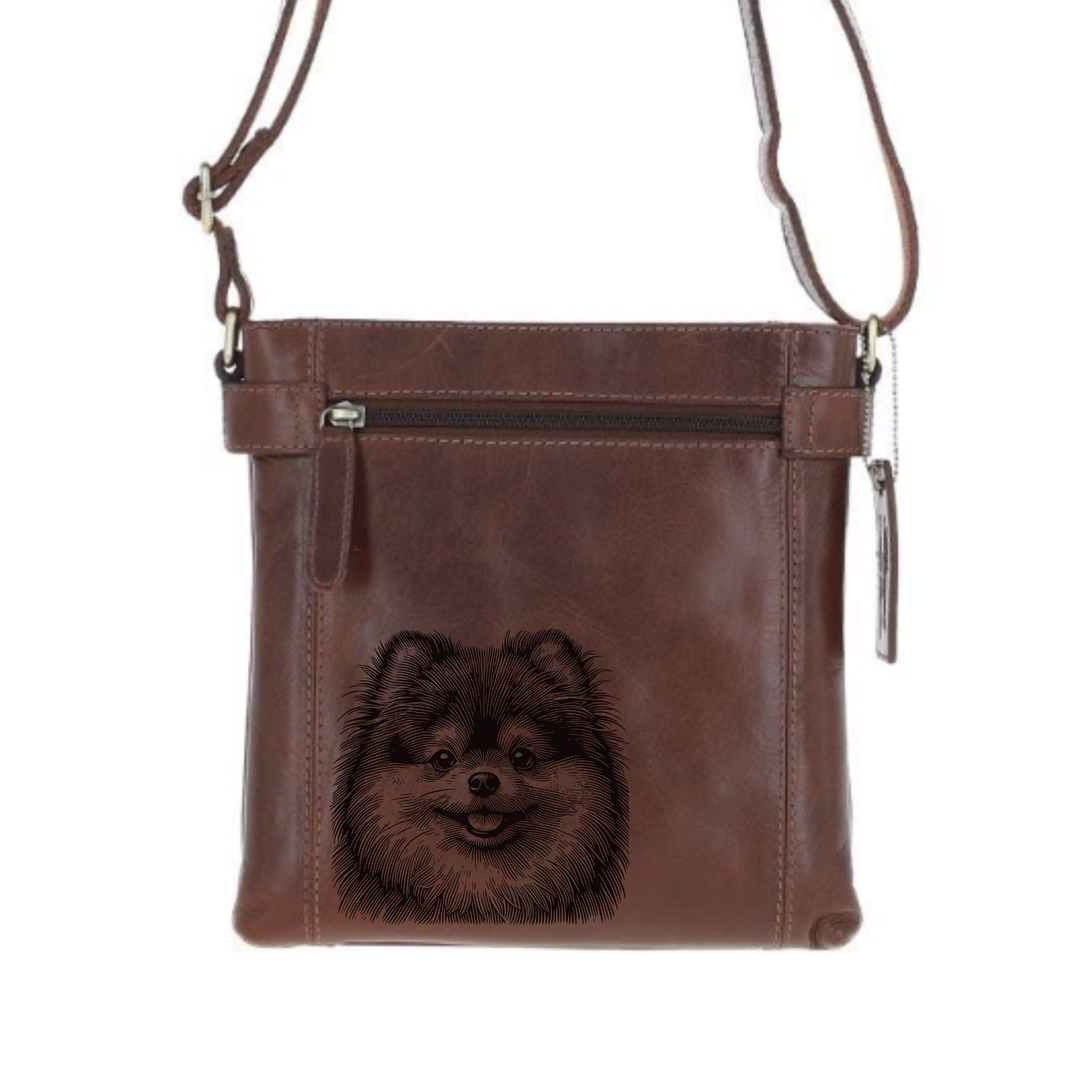 Pomeranian Face Engraved Leather Two Section Zip Top Crossbody Bag