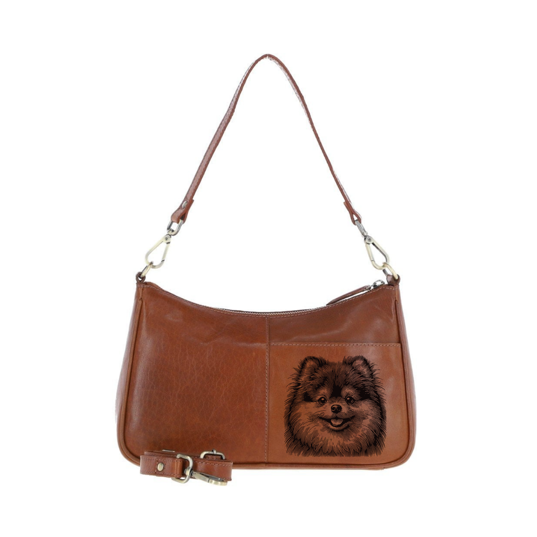Pomeranian Face Engraved Genuine Leather Shoulder Bag