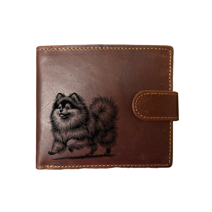 Personalised Pomeranian Running Engraved Dark Tan Genuine Leather Wallet
