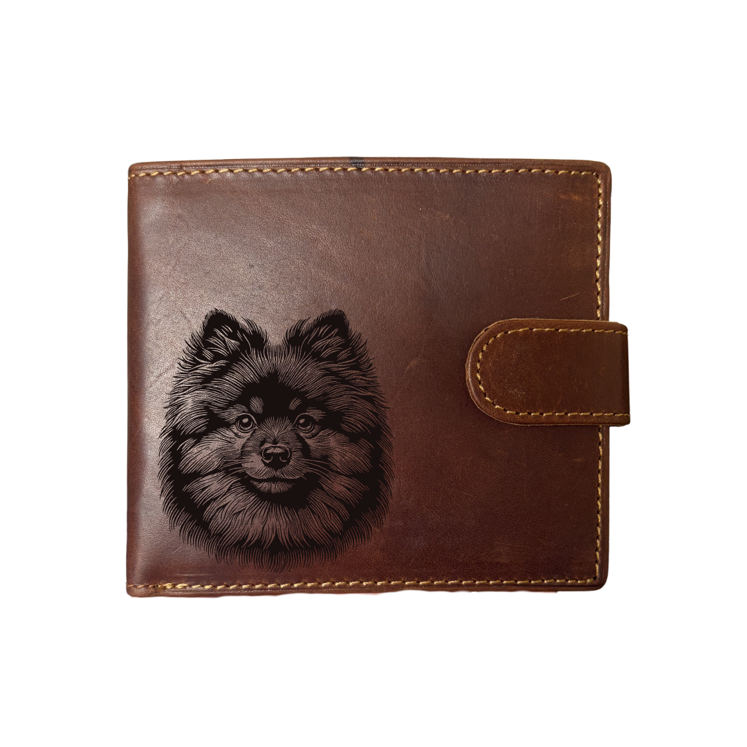 Personalised German Spitz Face Engraved Dark Tan Genuine Leather Wallet