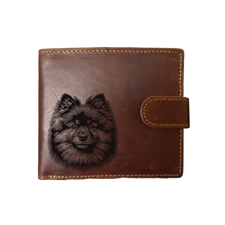 Personalised German Spitz Face Engraved Dark Tan Genuine Leather Wallet