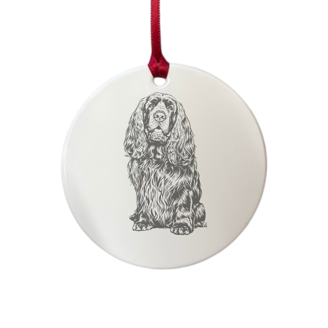 Personalised Sussex Spaniel Sitting Engraved White Acrylic Decoration