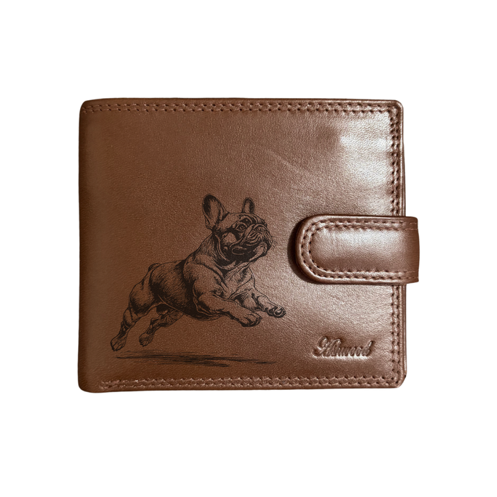 Personalised French Bulldog Running Engraved Dark Tan Genuine Leather Wallet