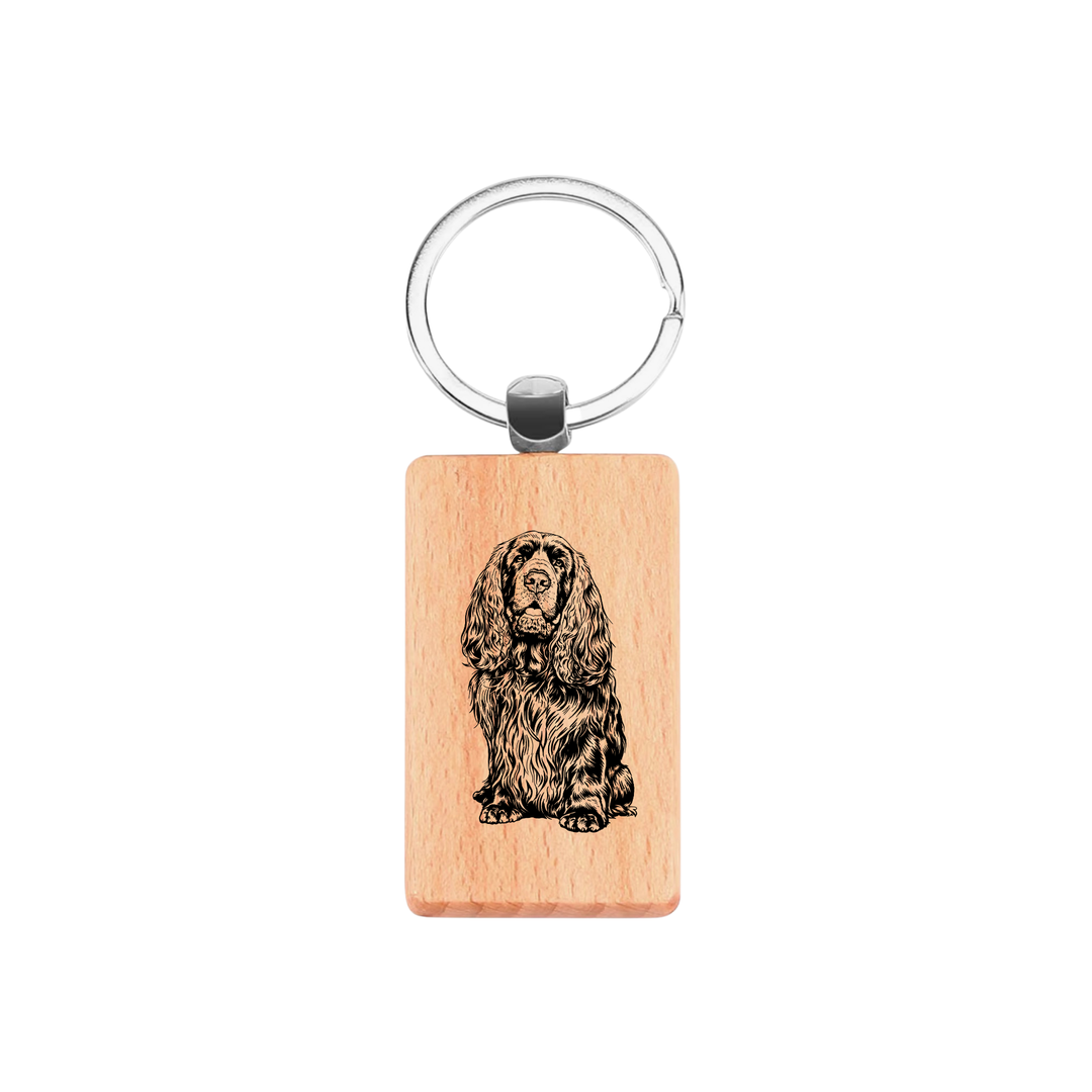 Sussex Spaniel Sitting Engraved Rectangle Wooden Keyring